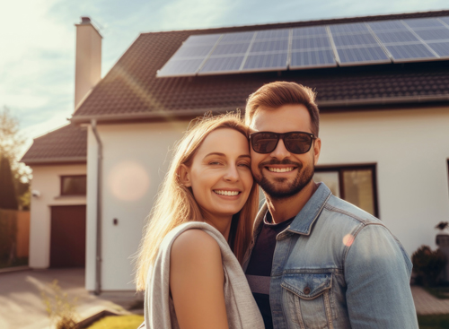 Happy customers in front of new home energy upgrades / solar panels