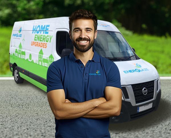 Energlaze solar installer in front of his van
