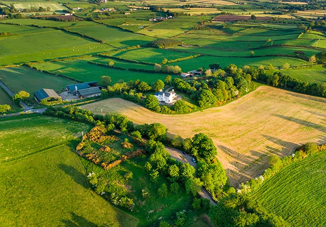 Aerial shot of irish farm