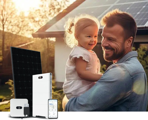Father and Daughter enjoying sun in front of home with solar panels