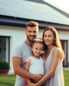 Happy family outside home with solar pv panels